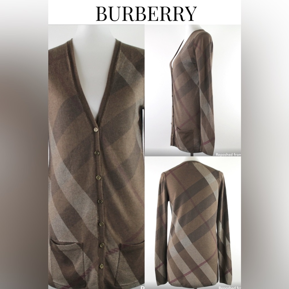 BURBERRY | Brit Merino Wool Cashmere V-Neck Nova Check Sweater Cardigan | S